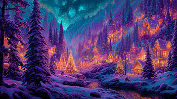 Aurora Christmas Village — Winter Landscape, Christmas Tree, Snow, Cottage HD wallpaper