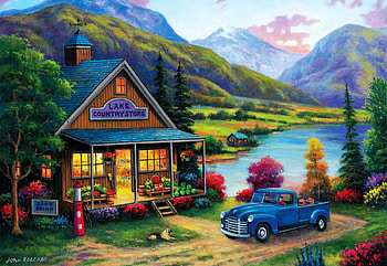 Lake Country Store, mountains, car, cabin, artwork, painting, trees HD wallpaper