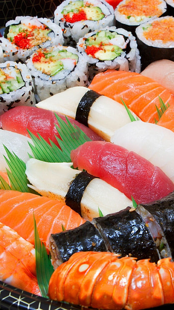 Fresh sushi rolls, Japanese cuisine, Sashimi delicacy, Fish and rice HD phone wallpaper