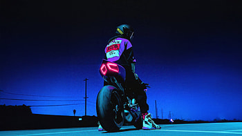 Synthwave Neon Bike Rider, synthwave, neon, bike, blue, background, night, star, artist, artwork, art, digital-art, ai HD wallpaper