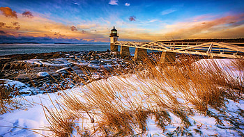 January Morning at Marshall Point, Muscongus Bay, lighthouse, snow, clouds, sky, usa, winter, Maine, sea, pier, grass HD wallpaper