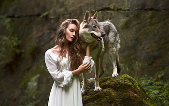 Model with a Dog, dog, model, dress, brunette HD wallpaper