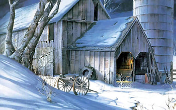 Winter on the Farm, artwork, barn, painting, snow, cart HD wallpaper