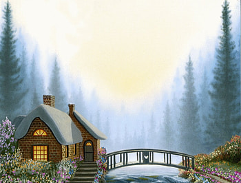 Cottage, river, art, bridge, nature HD wallpaper