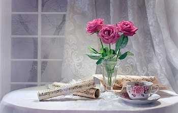 Still life _Roses, music, winter, tea, table, winter, indoors, still-life, white, roses, graphy, tea, sheets, vase, rolls, china, music, pink, abstract HD wallpaper