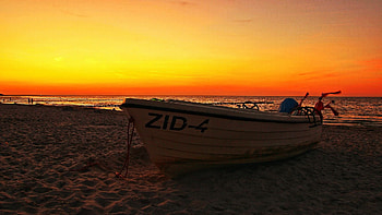 Sunset at the Baltic Sea, colors, germany, sky, beach, boat HD wallpaper