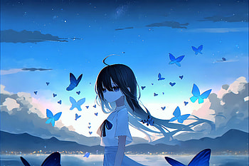 Anime Girl Surrounded By Butterflies, anime, anime-girl, butterfly, artist, artwork, digital-art HD wallpaper