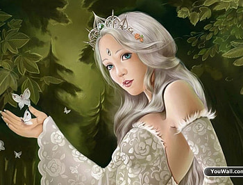 Princess, silver dress, tiara, woods, butterfly HD wallpaper
