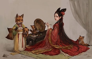 Fantasy girl, pan pan, frumusete, kimono, asian, art, kitsune, vulpe, girl, panpan, fox, dark, fantasy, red, luminos HD wallpaper