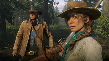 red dead redemption, woods, man, sadie, trees, arthur, woman HD wallpaper