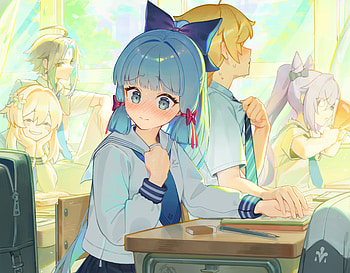 Genshin Impact : Kamisato Ayaka & Friends Classroom Moments, Genshin Impact, Kamisato Ayaka (Genshin Impact), Aether (Genshin Impact), Lumine (Genshin Impact), Xiao (Genshin Impact) HD wallpaper