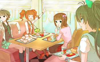 Over Here!!!, idolmaster, eating, trays, drinks, anime, lunch, hamburgers, booth, girls, fries HD wallpaper