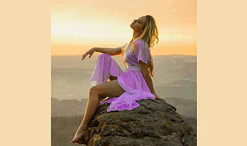 DAYDREAMING, white gauze dress, Blonde, rocks, orange pink sunset HD wallpaper