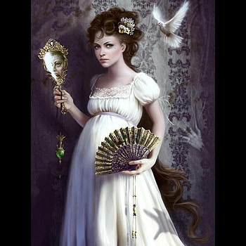 Lya, mirror, white, birds, girl, dress, beauty, fantasy, princess, female HD wallpaper