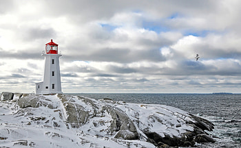peggys lighthouse in nova scotia in winter, winter, sea, lighthouse, rocky, point HD wallpaper