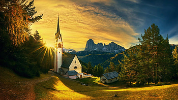 St. Jacob's Church, Dolomites, Italy, trees, colors, clouds, south tyrol, sky, alps, mountains, sunset, landscape HD wallpaper