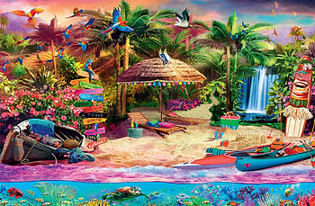 Tropical Island Holiday, umbrella, palms, digital, birds, parrots, boats, colors, beach HD wallpaper