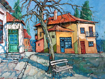 David Croitor. Casa galbena din Balcic, painting, art, house, street, david croitor HD wallpaper