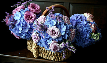 Flowers, Roses, Bouquets, Beauty, Basket, Hydrangea HD wallpaper