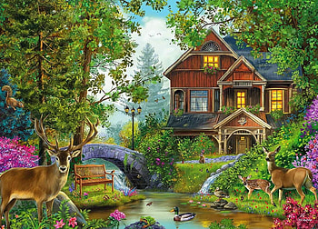 Our Home in the forest, creek, animals, water, forest, home HD wallpaper