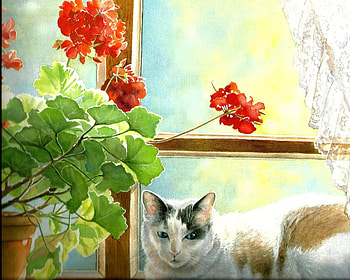 A calico cat with flowers, window, calico, cute, cat, flowers, paws HD wallpaper