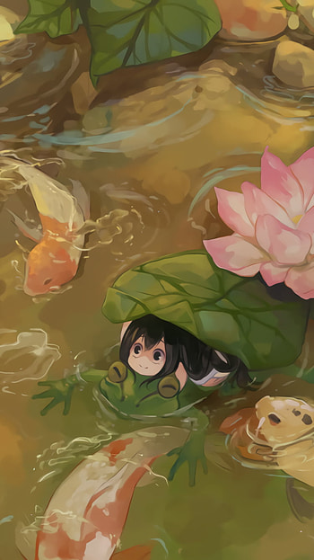 Tsuyu Froppy Asui — Lotus Leaf Koi Pond (My Hero Academia), pond, fish, leaf, frog, Tsuyu Asui, Anime, My Hero Academia HD phone wallpaper