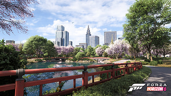 Forza Horizon 6 — Tranquil City Park, Video Game, Bridge, Cherry Blossom, City Skyline HD wallpaper