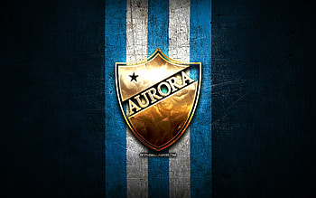 Deportivo Aurora FC, golden logo, Bolivian Primera Division, blue metal background, football, Venezuelan football club, Club Deportivo Aurora logo, soccer, Venezuelan Primera Division, Club Deportivo Aurora HD wallpaper