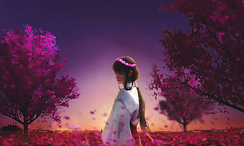 Ancient dress, anime girl, walk, garden, blossom, artwork HD wallpaper
