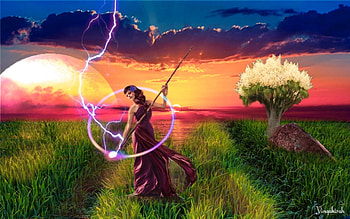 Fantasy Girl, lightning, fantasy, field, sky, woman HD wallpaper