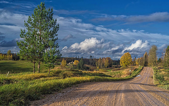 Autumn Road in Latvia, road, path, Latvia, fields, trees, clouds HD wallpaper