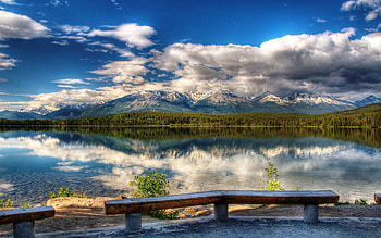 Landscape, Nature, Sky, Mountains, Clouds, Lake, Reflection, Shore, Bank, Day, Benches, Clear, I See, que HD wallpaper
