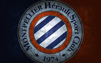 Montpellier HSC, French football team, blue orange background, Montpellier HSC logo, grunge art, Ligue 1, France, football, Montpellier HSC emblem HD wallpaper