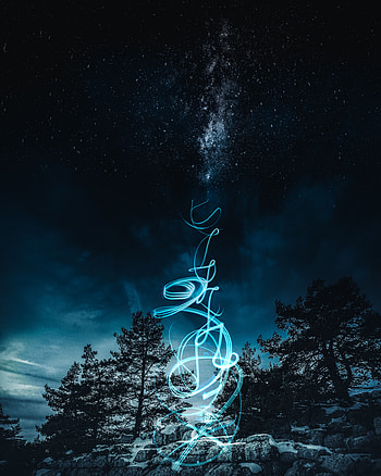 Nature, Trees, Night, Patterns, Rocks, Starry Sky, Light Art HD phone wallpaper
