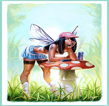 The today fairy, wings, tattoo, cell , mushroom, fairy, cap, mini skirt, drink, high boots HD wallpaper