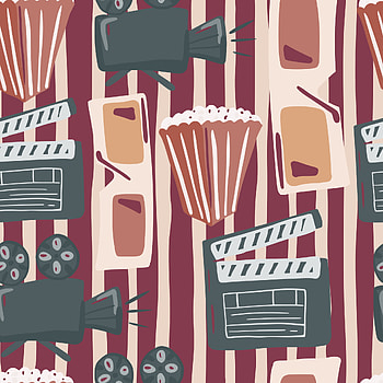 Holywood style seamless, Cinema movie pattern, Popcorn camera 3d, Clapperboard silhouettes HD phone wallpaper