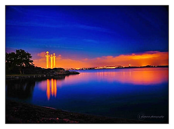 Sword monument, night, lights, three swords, monument, water, norway HD wallpaper
