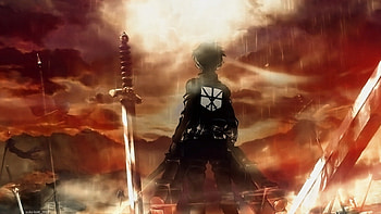 Fearless, bot, flmaes, hills, sword, explsions, shingeki No kyojin, fog, anime, cool, clouds, fire, male HD wallpaper