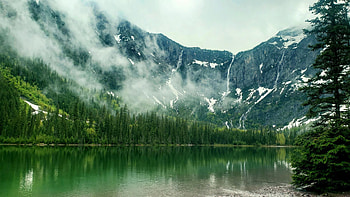 Stunning view on the Avalanche Lake Trail, Glacier National Park, Montana, mountains, clouds, USA, trees, sky HD wallpaper