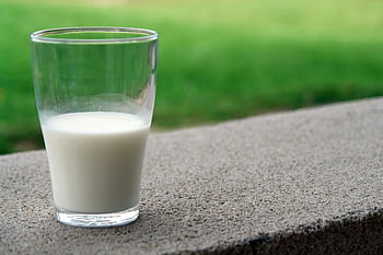 A clear glass of milk resting on a stone ledge with a blurred green background, outdoors. HD wallpaper