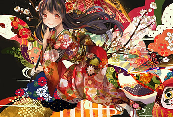 Anime girl, snake, animal, umbrella, white, black, art, girl, orange, anime, flower, yellow, red, manga HD wallpaper