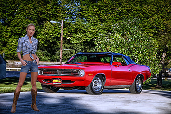 Cowgirl and her '70 Hemi-Cuda Convertible, cowgirl, cuda, car, red, boots HD wallpaper