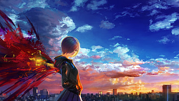 Preview tokyo ghoul, kirishima touka, city, sky, wings HD wallpaper