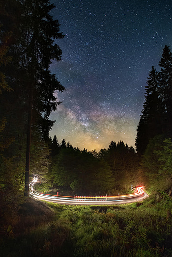 Dark, Road, Forest, Starry Sky, Long Exposure HD phone wallpaper