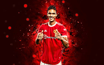 Raphael Varane, , 2021, Manchester United FC, french footballers, red neon lights, Premier League, Raphael Xavier Varane, soccer, Raphael Varane , football, Man United, Raphael Varane Manchester United HD wallpaper