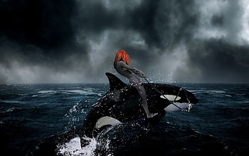 Killer Ride, white, black, fantasy, clouds, redhead, rider, ocean, killer whale, female HD wallpaper