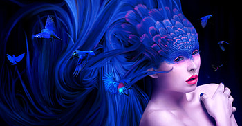 Fantasy girl, blue, frumusete, bird, fantasy, face, girl, luminos, woman HD wallpaper