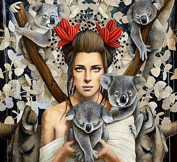 :), painting, art, fantasy, bear, koala, pictura, sophie wilkins, girl HD wallpaper