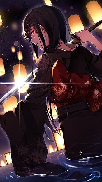 Candlelit Katana: Scarlet-Eyed Kimono Warrior, black hair, kimono, red eyes, candle, katana, Anime, warrior HD phone wallpaper