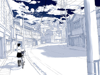 Drawing, Anime, Original, Bicycle, Building, School Uniform, Skirt HD wallpaper